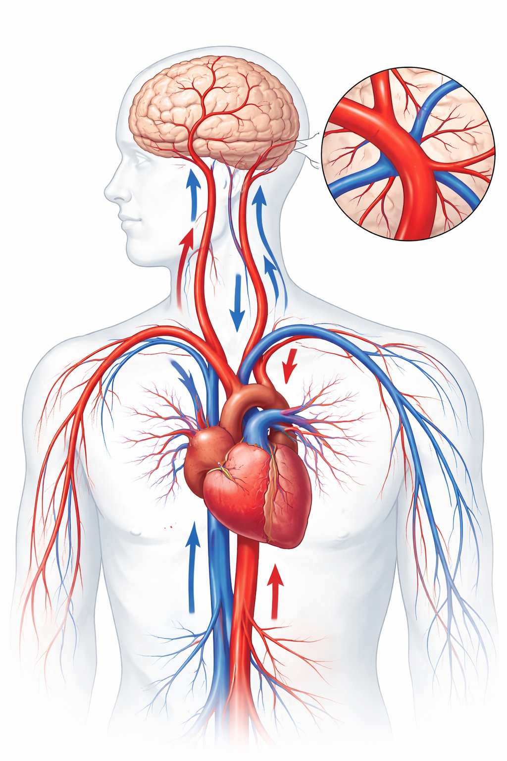 Illustrated diagram showing healthy blood flow to the brain